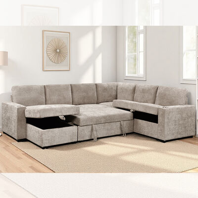 Sofá cama seccional en forma de U con cama extraíble y chaise lounge con almacenaje, sofá con almacenaje y portavasos, tela color topo