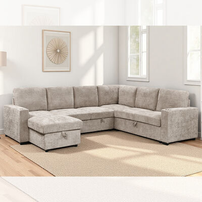 Sofá cama seccional en forma de U con cama extraíble y chaise lounge con almacenaje, sofá con almacenaje y portavasos, tela color topo