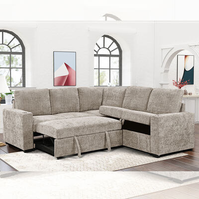 Sofá cama seccional en forma de L con cama extraíble, sofá con almacenaje y portavasos, tela color topo