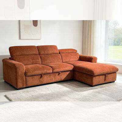 L-Shaped Sectional Sleeper Sofa with Pull-Out Bed and Storage and Adjustable Headrest, Brick Red Fabric