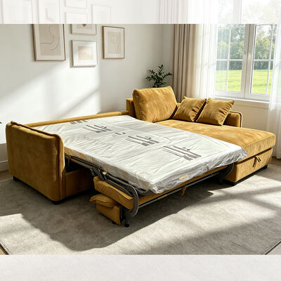 L-Shaped Sectional Sleeper Sofa with Pull-Out Bed and Storage, Mustard Yellow Fabric