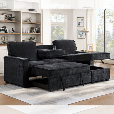 Sofá de cama seccional reversible en forma de L con cama extraíble y mesa y almacén, chenilia negra de carbón
