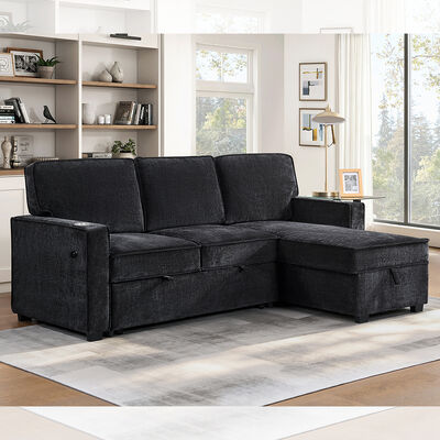 Sofá de cama seccional reversible en forma de L con cama extraíble y mesa y almacén, chenilia negra de carbón