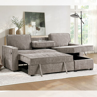 Sofá de cama seccional reversible en forma de L con cama extraíble y mesa y almacén desplegables, cheniles gris marrón claro