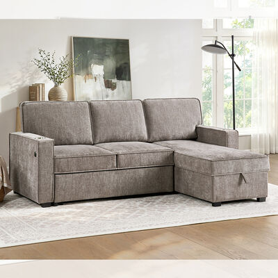 Sofá de cama seccional reversible en forma de L con cama extraíble y mesa y almacén desplegables, cheniles gris marrón claro
