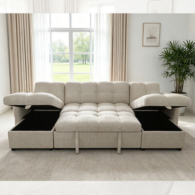 U-Shaped Sectional Sleeper Sofa with Pull-Out Bed and Adjustable Backrest and Storage Chaise, Sand Fabric