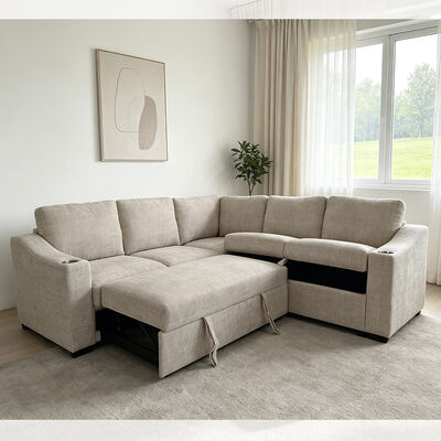 L-Shaped Sectional Sleeper Sofa with Pull Out Bed and Storage Sofa and Cup holders, Taupe Fabric