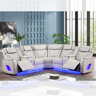 Sofá de esquina Power Recliner con 2 asientos Power Recliner y apoyacabezas Power y altavoz y almacenamiento y luz LED, función de masaje, leatherette beige