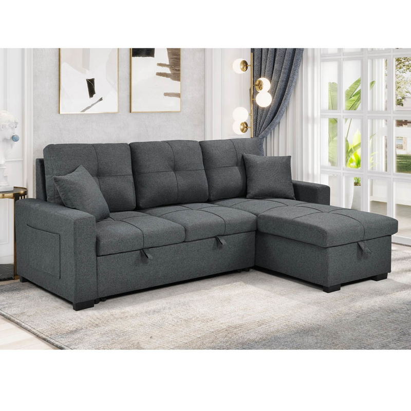 Sofá de cama seccional reversible en forma de L con cama y trastero extraíbles, tejido gris neutro