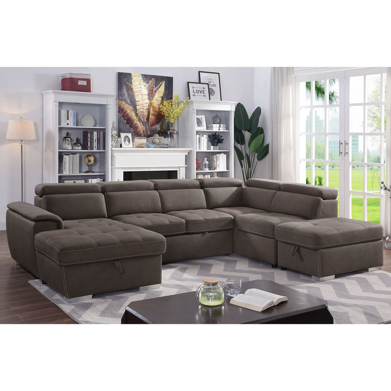 Sofá seccional de cama con cama extraíble y espacio de almacenamiento Sillón de descanso y reposacabezas ajustables, de tela de nubuck marrón ceniza