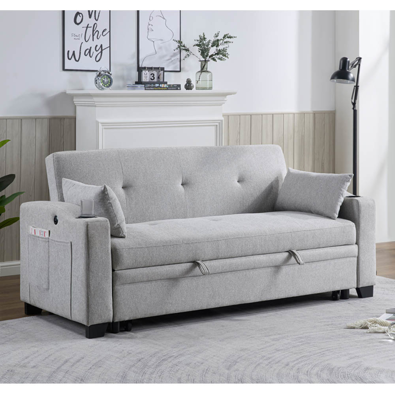 Cama de sofá convertible de tamaño queen, cama confortable con respaldo ajustable y puerto de carga USB y soportes de taza, cama de sofá Futon, tela gris