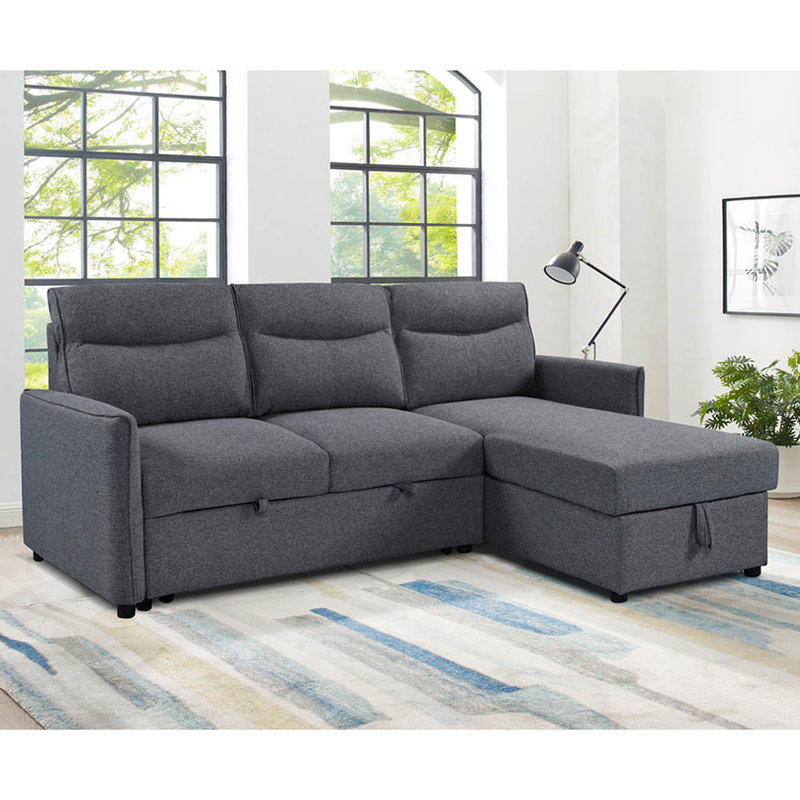 Sofá de cama seccional reversible en forma de L con cama y trastero extraíbles, tejido gris neutro