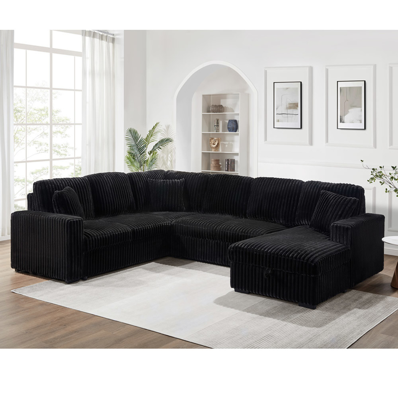 Sofá seccional con cama extraíble y silla de almacenamiento con puerto de carga USB, tejido de corduroy negro