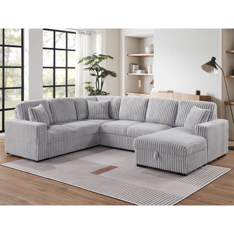 Sofá seccional con cama extraíble y silla de almacenamiento con puerto de carga USB, tela gris de corduroy