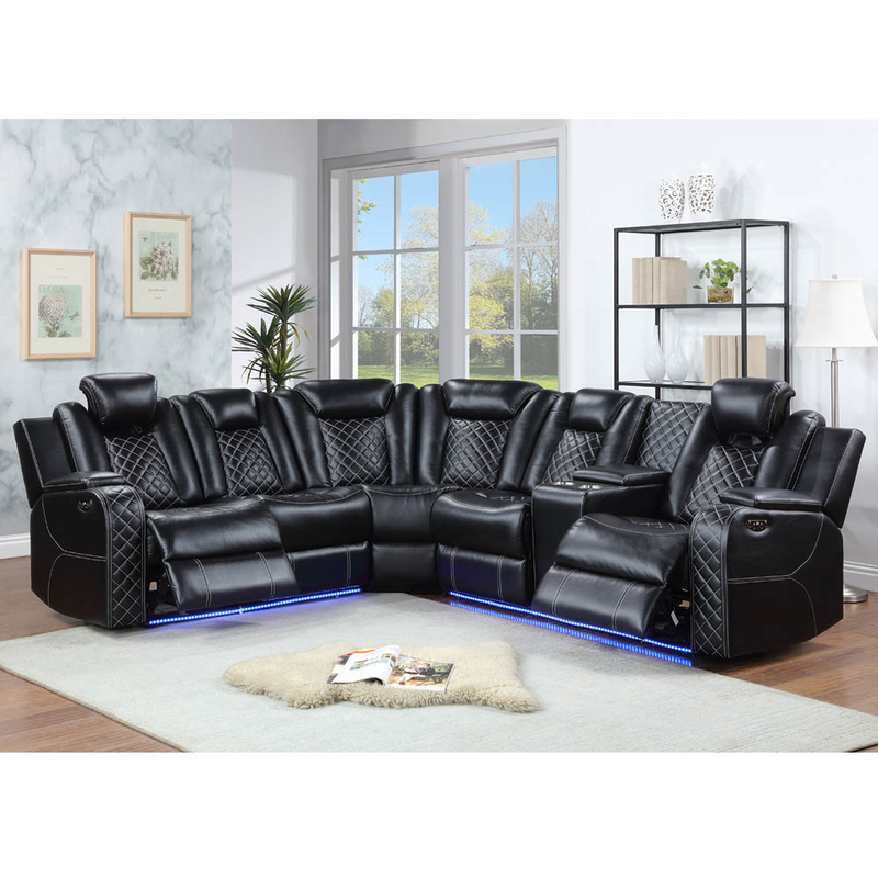 Sofá de esquina Power Recliner con 2 asientos Power Recliner y 2 apoyacabezas Power y caja de almacenamiento y brazos de almacenamiento y luz LED, cuero respiratorio negro