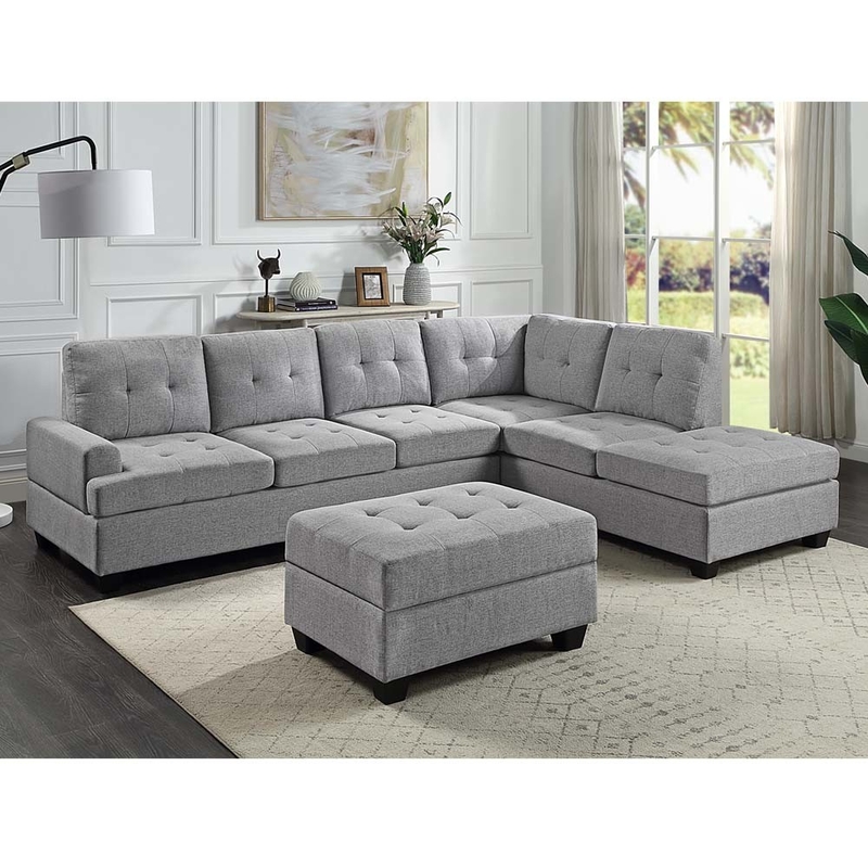 Sofá seccional en forma de L con mesa desplegable y silla reversible y almacenaje