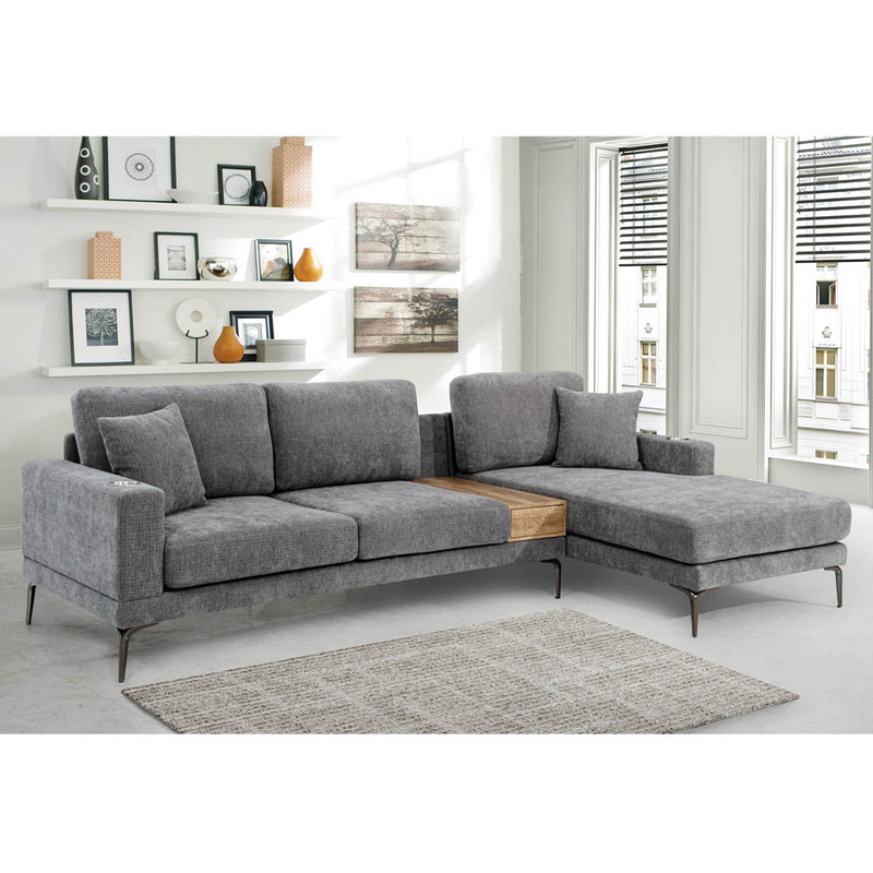 Sofá seccional en forma de L con cajón y 2 almohadas y soportes de tazas de acero inoxidable, chenilia gris