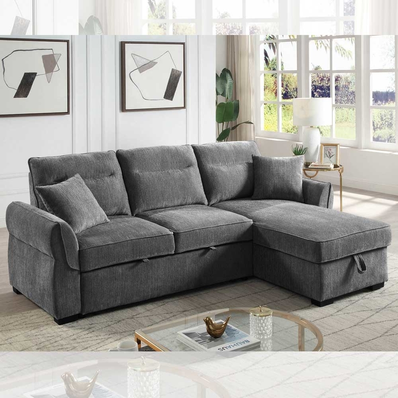 Sofá de cama seccional reversible en forma de L con cama extraíble y espacio de almacenamiento, cheniles gris oscuro