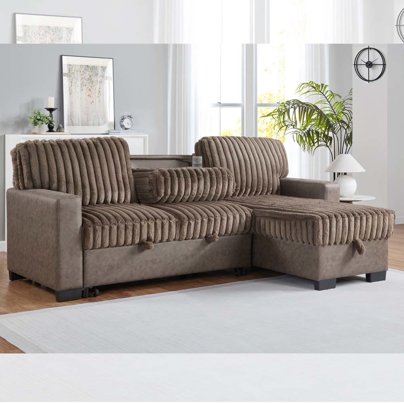 Sofá de cama seccional reversible en forma de L con cama extraíble y mesa y almacén, de tejido marrón y marrón oscuro