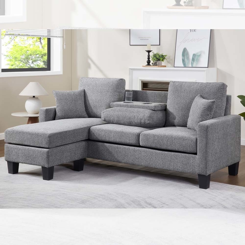 Sofá seccional en forma de L con mesa desplegable y silla reversible y 2 almohadas, chenilia gris