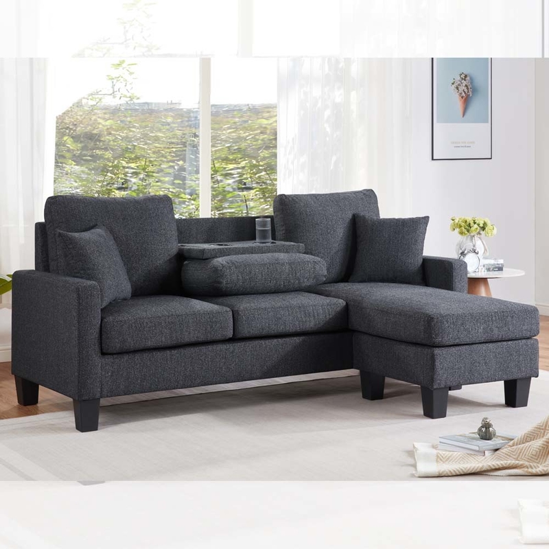 Sofá seccional en forma de L con mesa desplegable y silla reversible y 2 almohadas, chenilia gris oscuro