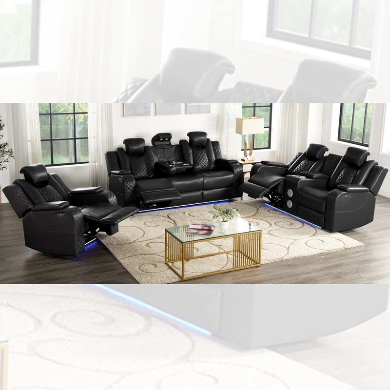 Sofá Power Recliner con asientos Power Recliner y apoyacabezas Power y mesa desplegable y altavoz de audio Bluetooth y caja de almacenamiento y brazos de almacenamiento y luz LED, Leatherette respiratorio negro