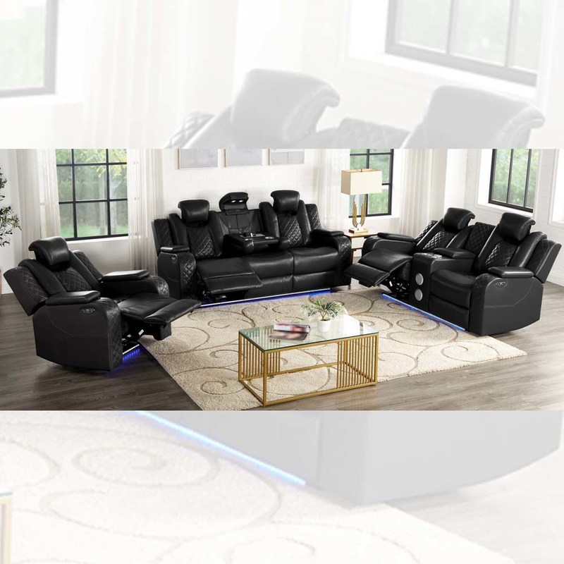 Juego de sofá reclinable eléctrico con asientos reclinables eléctricos, reposacabezas eléctricos, mesa desplegable, altavoz, almacenamiento y luz LED, cuero sintético negro
