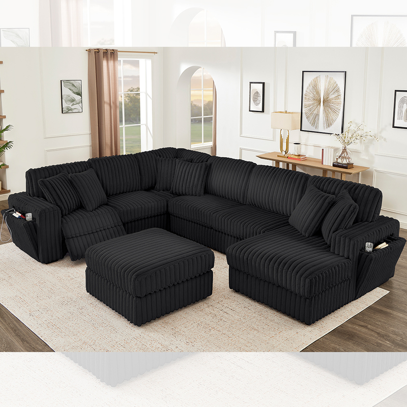 Set de sofá reclinable con soporte de taza oculto y cargador inalámbrico, tejido de corduroy negro