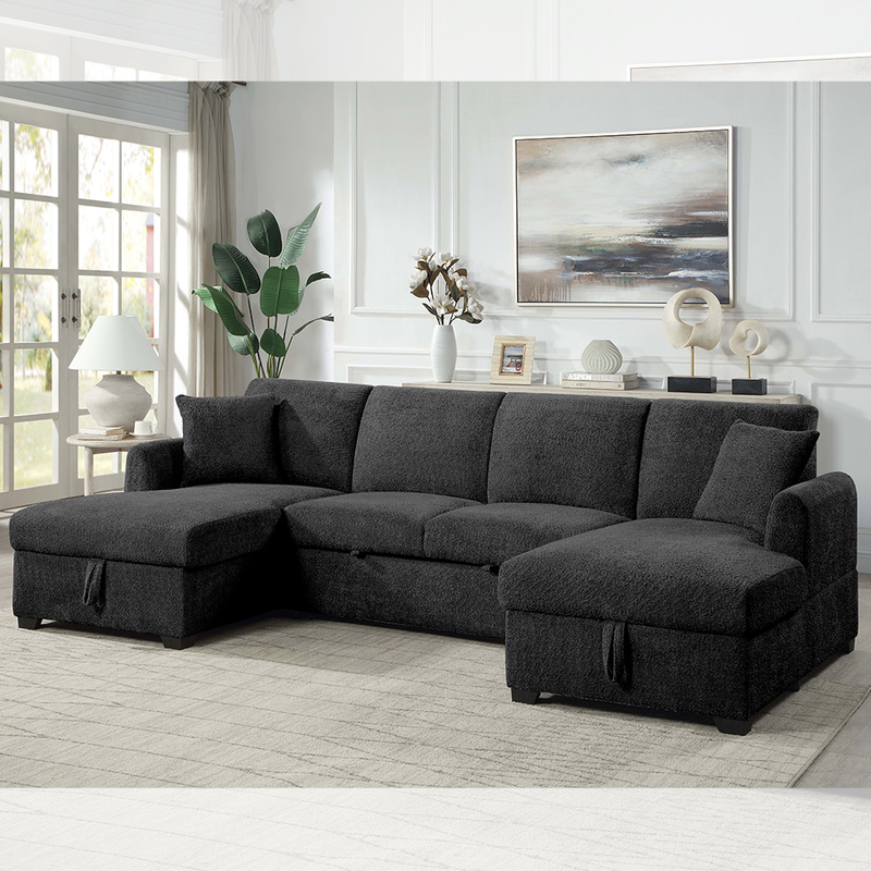 Sofá seccional en forma de U con cama extraíble y chaise longue con almacenamiento, tela sherpa negra