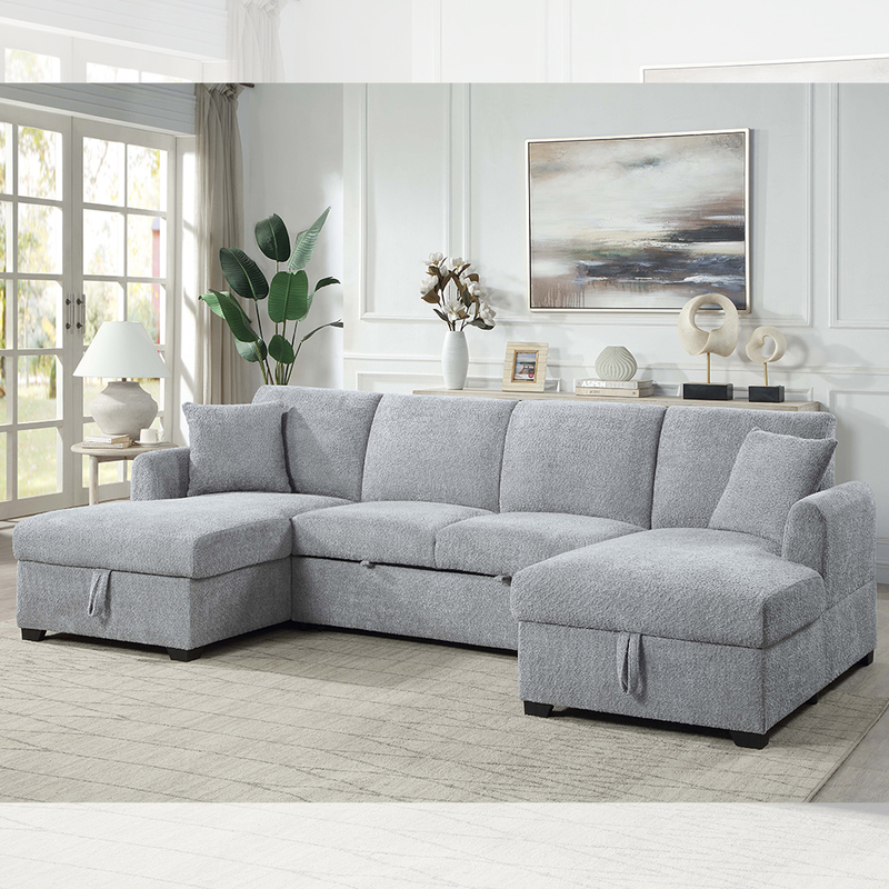 Sofá seccional en forma de U con cama extraíble y chaise longue con almacenamiento, tela sherpa gris