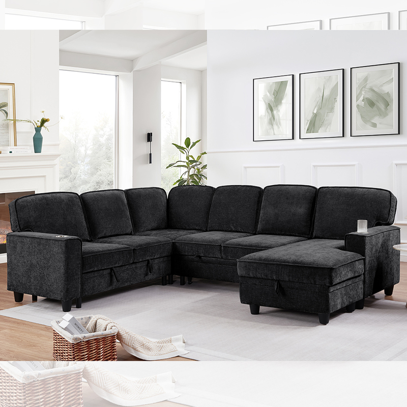 U-Shaped Sectional Sleeper Sofa with Pull Out Bed and Storage Chaise Lounge and Storage Loveseat and USB Charging Port, Charcoal Black Chenille