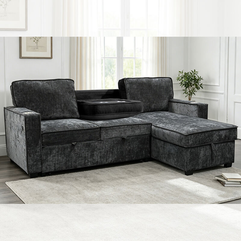 Sofá de cama seccional reversible en forma de L con cama extraíble y mesa y almacén, chenilia negra de carbón