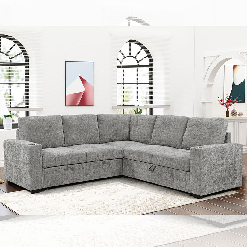 Sofá de cama seccional en forma de L con cama y depósito extraíbles Sofá y portavasos, de tejido gris