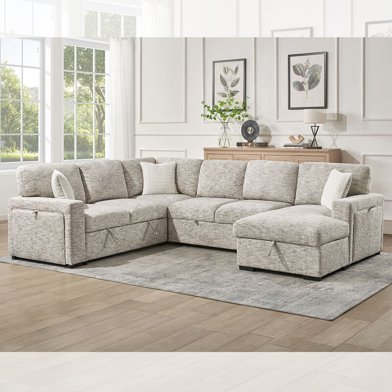 Sofá seccional en forma de U con cama extraíble y mesa y almacén silla salón y almacenaje asiento de cama y portavasos, tejido beige