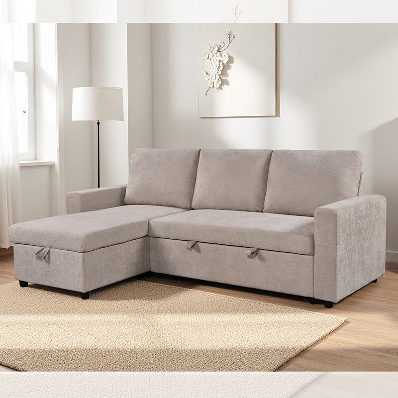 Sofá de cama con sección reversible en forma de L con cama y trastero, tejido beige