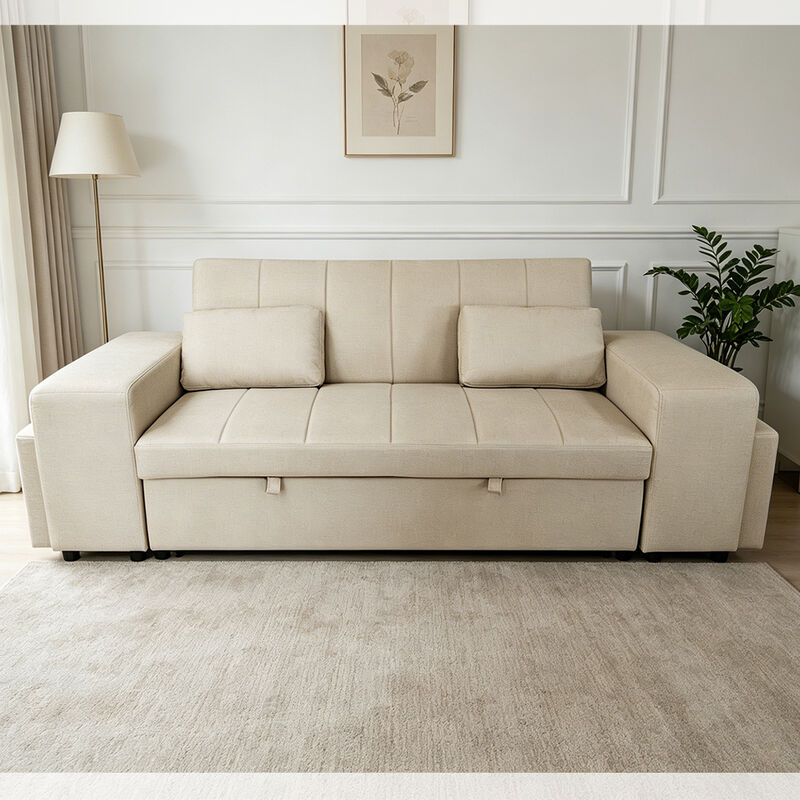 Sofá cama convertible tamaño Queen, cómoda cama extraíble con respaldo ajustable, brazo con otomanos, cuero tecnológico beige