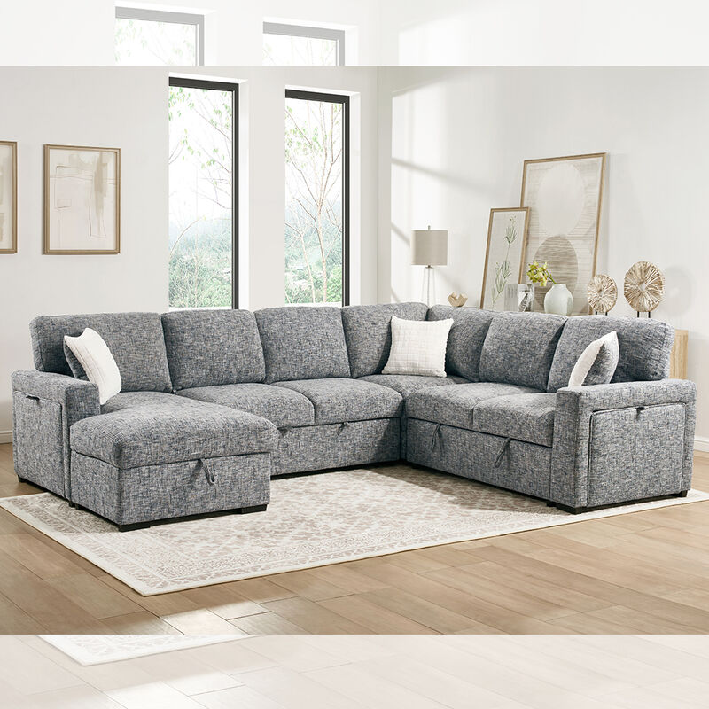 Sofá seccional en forma de U con cama extraíble y mesa y almacén silla salón y almacenaje asiento de cama y portavasos, tejido de la Armada