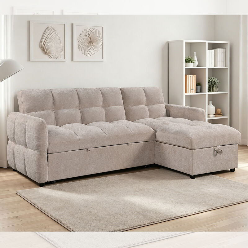 Sofá seccional de cama en forma de L con cama extraíble y respaldo ajustable y silla de almacenamiento, tejido beige