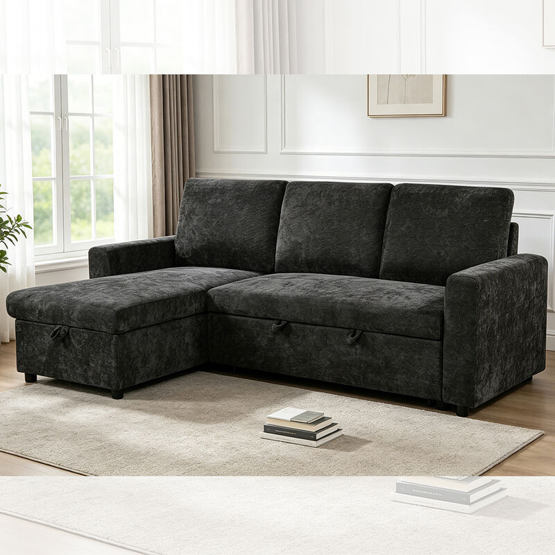 Sofá cama seccional reversible en forma de L con cama extraíble y espacio de almacenamiento, tela gris carbón
