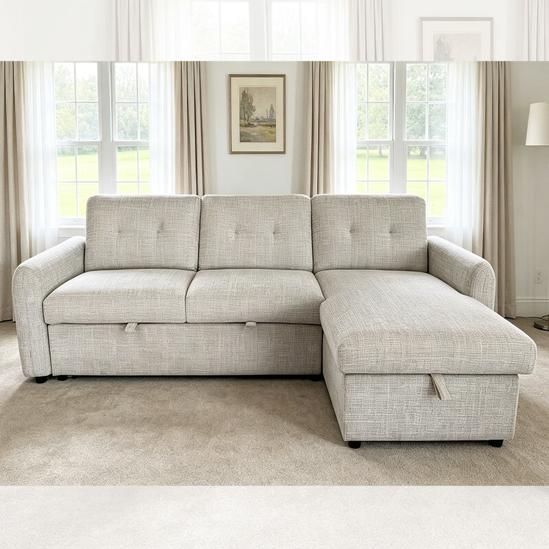Sofá seccional de cama en forma de L con cama extraíble y respaldo ajustable y silla de almacenamiento, tela gris claro
