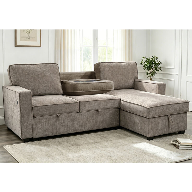 Sofá de cama seccional reversible en forma de L con cama extraíble y mesa y almacén desplegables, cheniles gris marrón claro