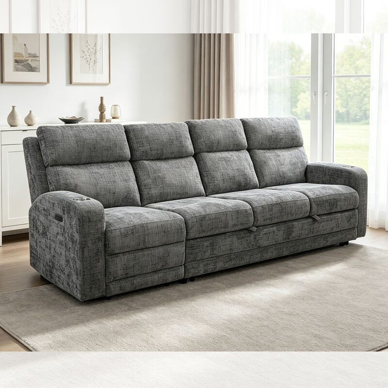 Gran sofá seccional para dormir con cama extraíble y silla reclinable eléctrica, tela gris metálica