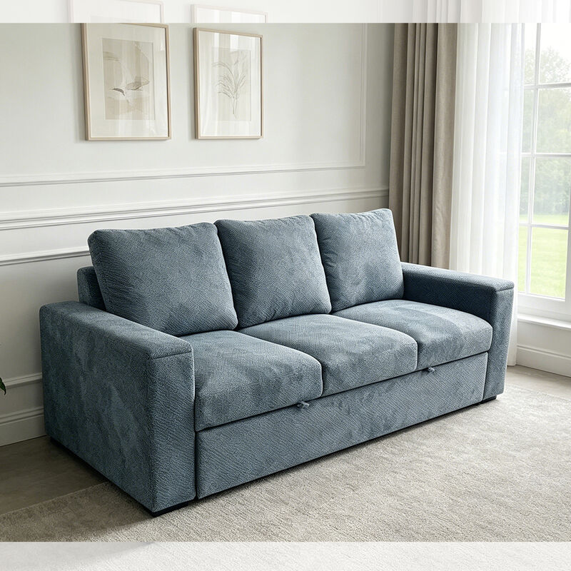 Cama de sofá Futon, cama de sofá convertible, cama confortable con respaldo ajustable, brazo con soportes de tazas de acero inoxidable ocultos, tela azul