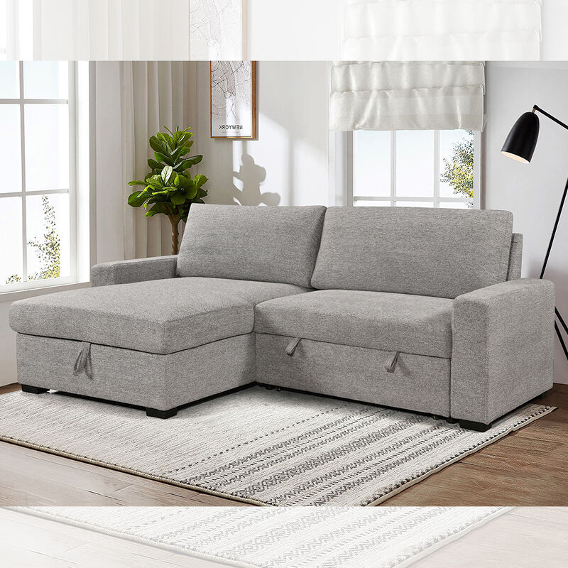 Sofá de cama seccional reversible en forma de L con cama y trastero extraíbles, de tela gris