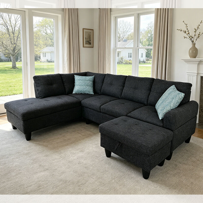 Sofá seccional en forma de L con mesa desplegable y 2 almohadas, otomana con almacenamiento, tela negra