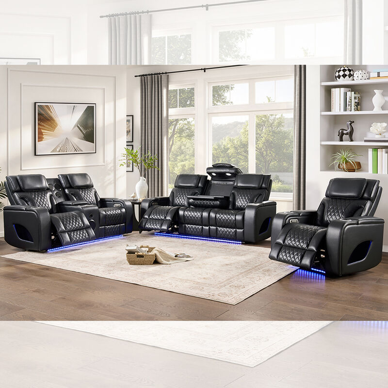 Conjunto de sillón reclinable con reposabrazos y mesa y altavoz y almacenamiento y luz LED, función de masaje, cuero negro