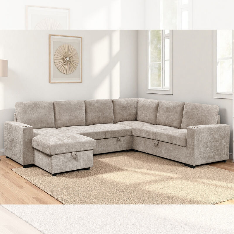 Sofá cama seccional en forma de U con cama extraíble y chaise lounge con almacenaje, sofá con almacenaje y portavasos, tela color topo