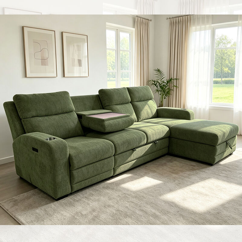 Big Sectional Sleeper Sofa with Pull-Out Bed and Dropdown Table and Power Recliner Chair, Green Fabric