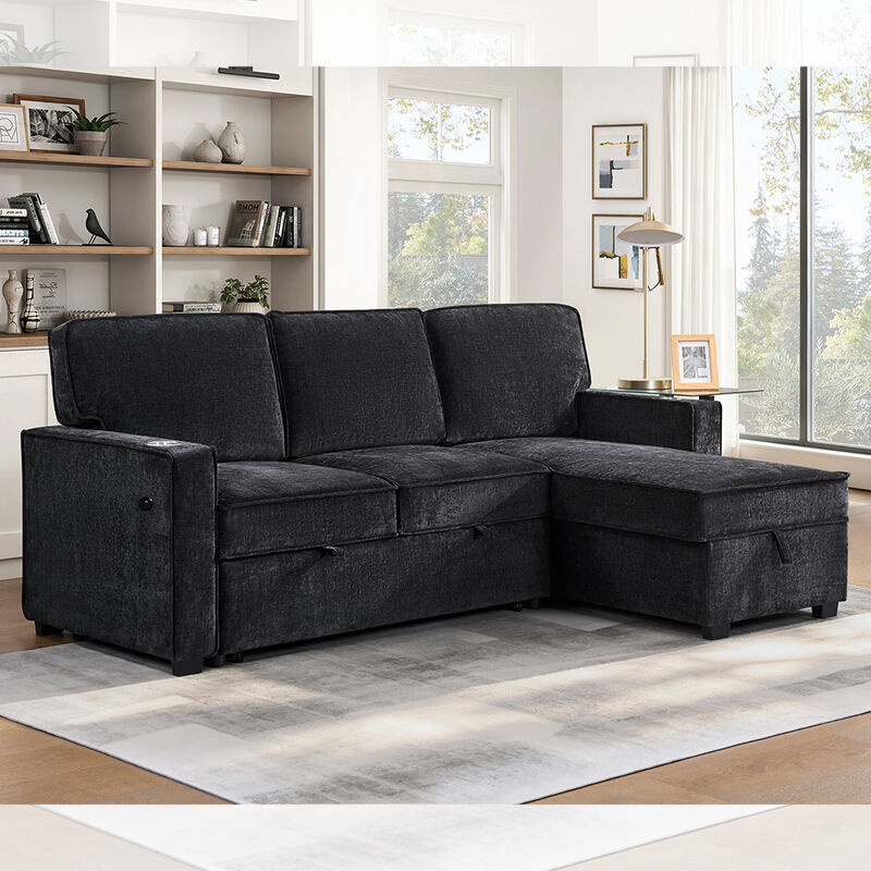 Sofá de cama seccional reversible en forma de L con cama extraíble y mesa y almacén, chenilia negra de carbón