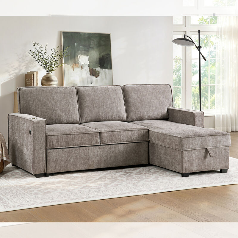 Sofá de cama seccional reversible en forma de L con cama extraíble y mesa y almacén desplegables, cheniles gris marrón claro